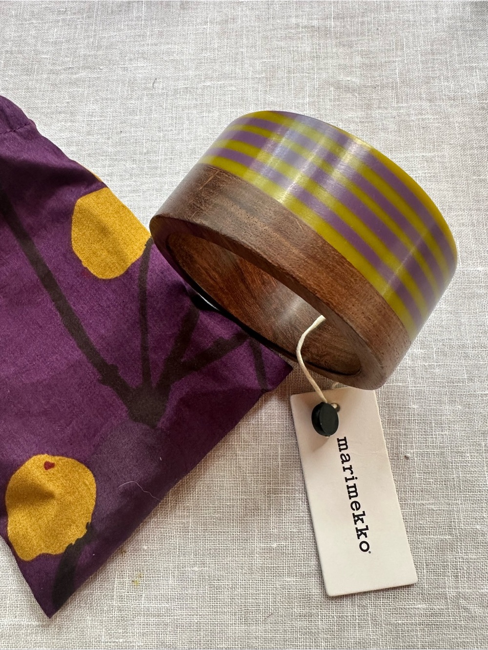 Marimekko MCM Purple & Yellow Striped Resin and Wood Bangle. Dust Bag. - Picture 2 of 8